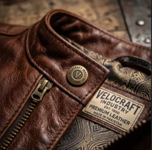 Extreme close-up of a VeloCraft Industry premium brown leather jacket, featuring a brass YKK zipper, a custom engraved brass snap button, and an interior woven label reading "Premium Leather Made in Pakistan" set against a custom patterned lining.