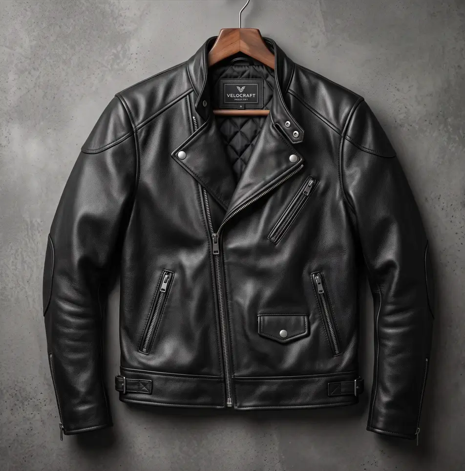 A premium black leather asymmetrical motorcycle jacket by VeloCraft Industry hanging on a wooden hanger against a textured grey concrete wall. The jacket features silver zipper hardware, snap lapels, subtle shoulder padding, a quilted black inner lining with the brand label, and multiple functional zippered pockets.