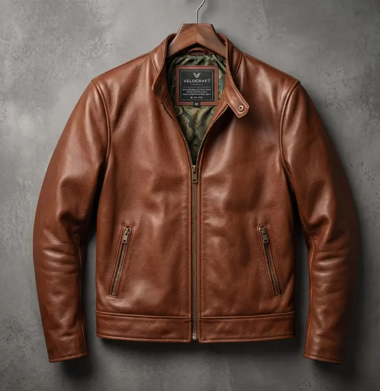 A handcrafted premium brown leather cafe racer jacket by VeloCraft Industry, hanging on a wooden hanger against a textured grey concrete wall. The jacket features a central brass zipper, a snap-button stand collar, two angled zip pockets, and a custom green patterned interior lining.
