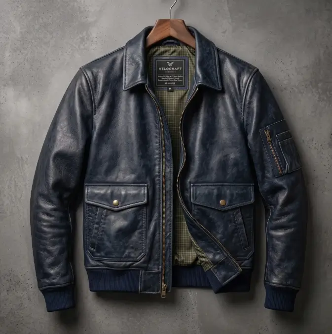 A handcrafted distressed navy blue leather bomber jacket by VeloCraft Industry hanging on a wooden hanger against a textured grey concrete wall. The flight-style fashion jacket features a central brass zipper, classic pointed collar, large front patch pockets with brass snaps, ribbed knit cuffs and hem, and a zippered utility pocket on the left sleeve. A custom plaid interior lining is visible near the collar label.