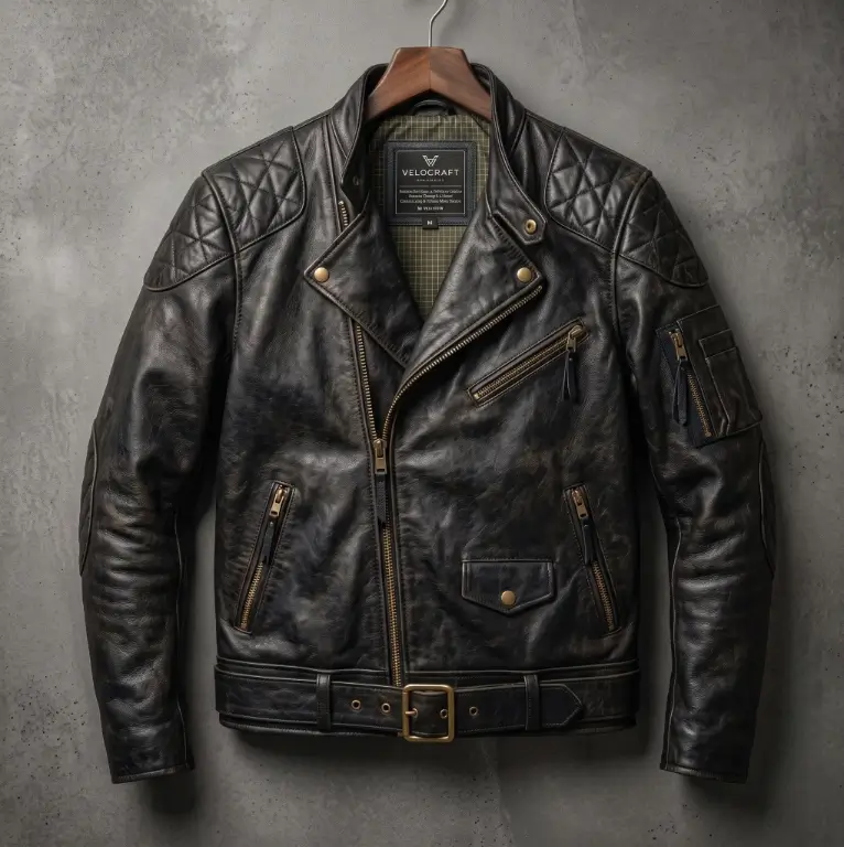 A handcrafted asymmetrical black leather motorcycle jacket by VeloCraft Industry hanging on a wooden hanger against a textured grey concrete wall. The rugged, distressed fashion jacket features quilted diamond stitching on the shoulders and elbows, multiple brass-tone zippered pockets (torso, chest, and sleeve), an integrated waist belt with a detailed brass buckle, and small snap-flap pockets. The brand label "VELOCRAFT INDUSTRY" is clearly visible on the inner collar against a custom green plaid lining.
